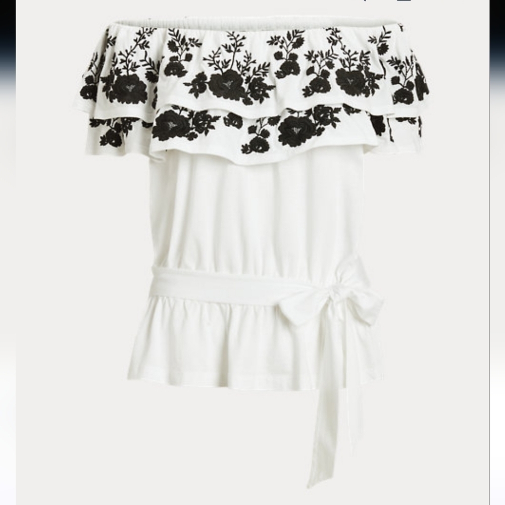 NWT Lauren Ralph Lauren Embroidered Jersey Off the Shoulder Top